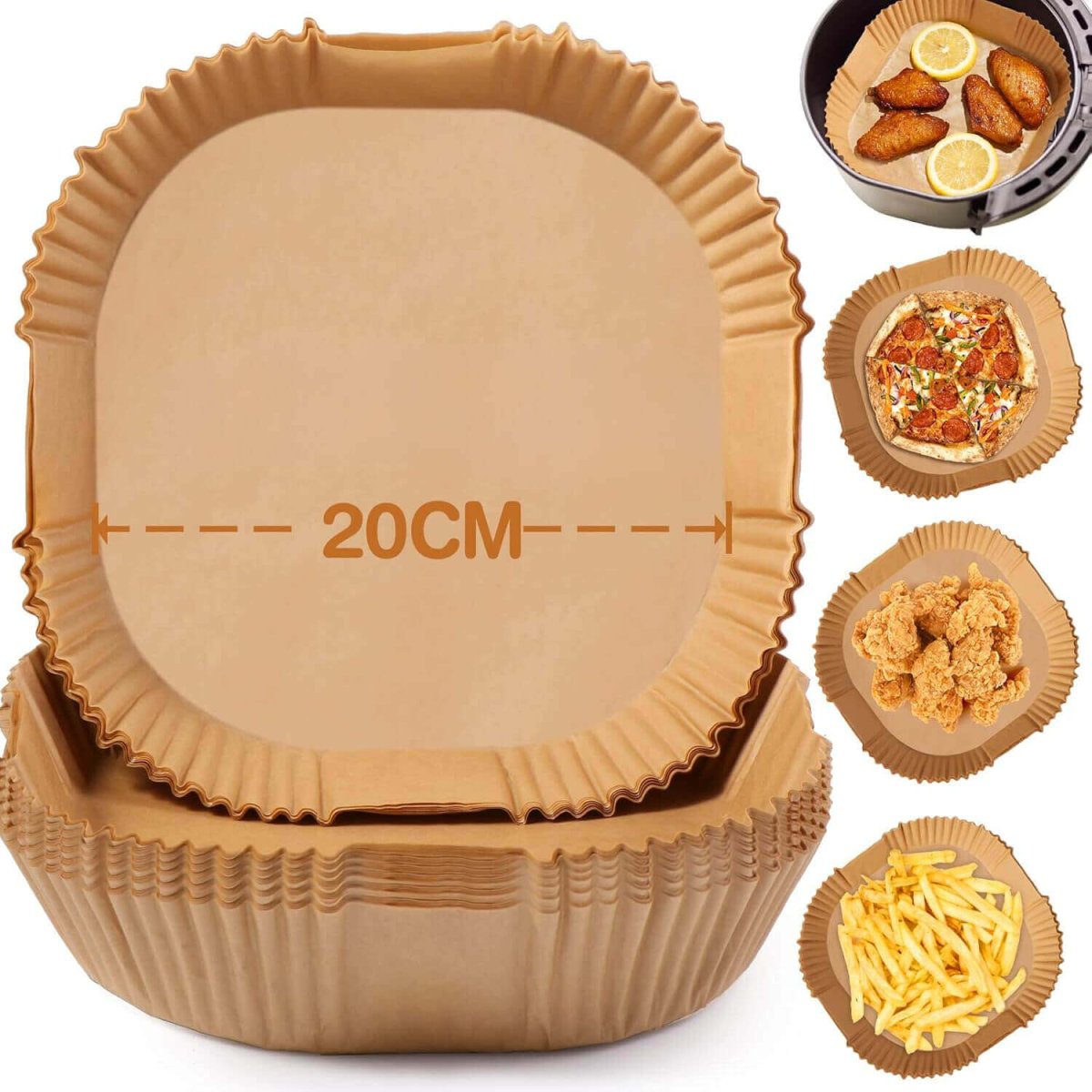 Set 100 Pezzi Carta Da Forno Per Friggitrice Ad Aria Quadrato Monouso 20×4,5 Cm
