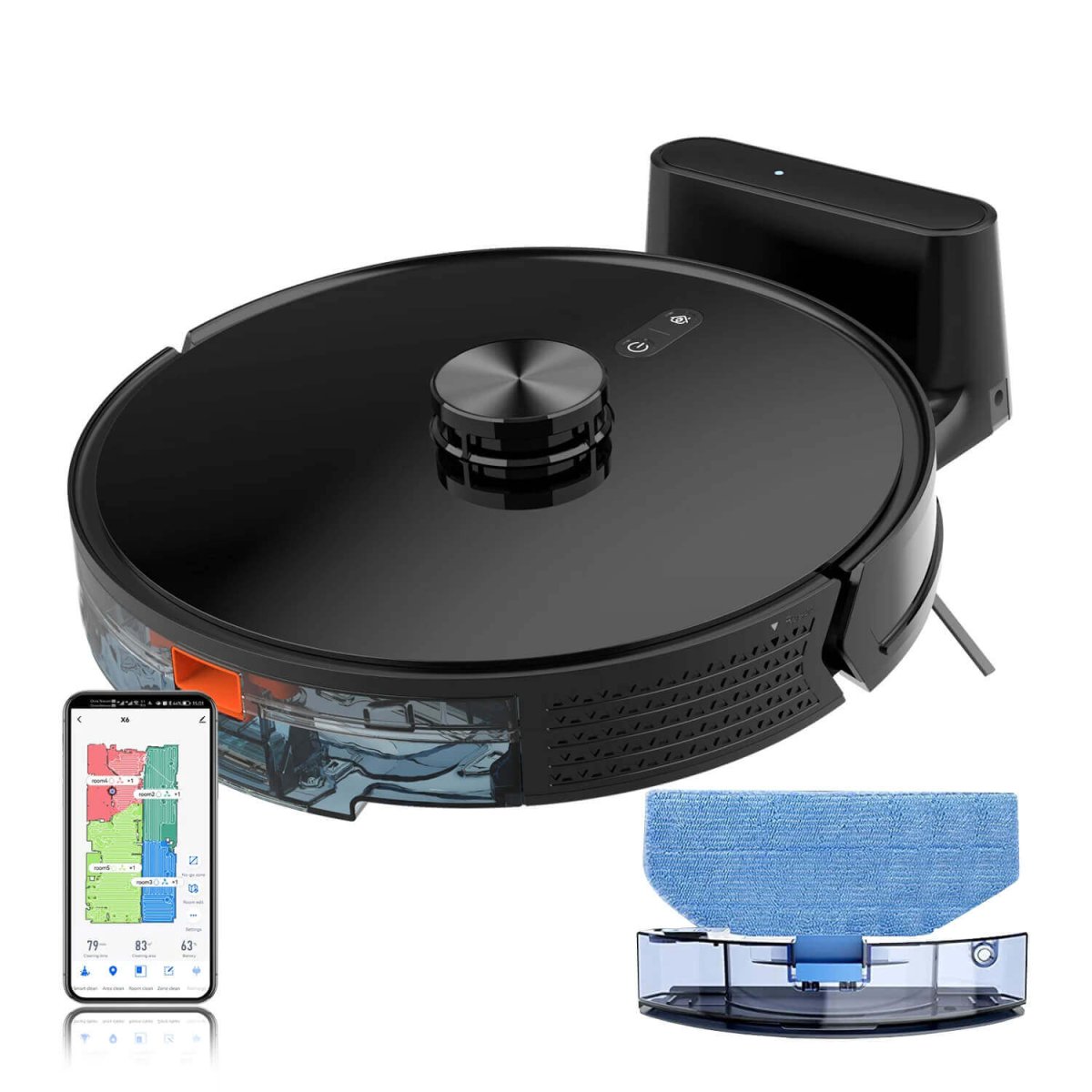Robot aspirapolvere con stazione di ricarica e vaschetta acqua smart remoto